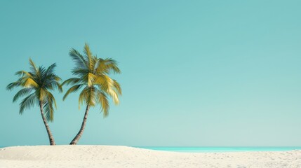 Obraz premium Minimalist summer concept featuring coconut trees on beach sand against a blue backdrop. Creative artwork in contemporary style, ideal for banners with ample writing and copy space.