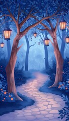 Halloween village, lanterns illuminating paths, spooky vibe, Watercolor style