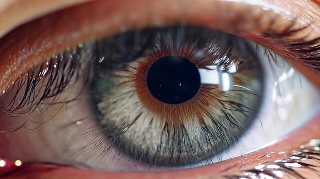 Extreme close up of a gray human dilated eye looking around.