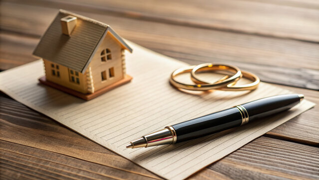 Close-up of a Ring and Wedding Vows document on a wooden desk, with a pen and a miniature house symbolizing a strong marital agreement foundation.
