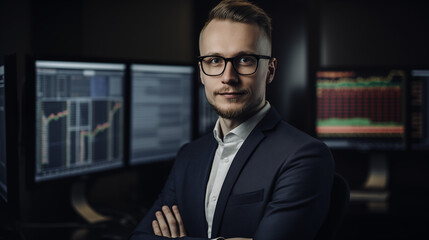 Fototapeta premium Financial Expert in a Navy Suit Sitting in an Office with Financial Charts on Monitors