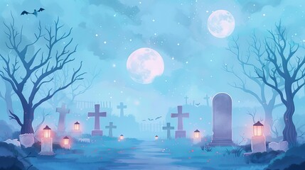 Spooky graveyard, eerie lanterns, Halloween ambiance, Watercolor style