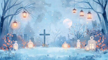 Spooky graveyard, eerie lanterns, Halloween ambiance, Watercolor style