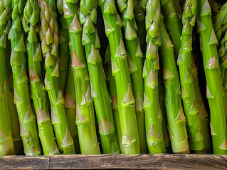 Close-Up of Fresh Green Asparagus Stalks in a Wooden Crate