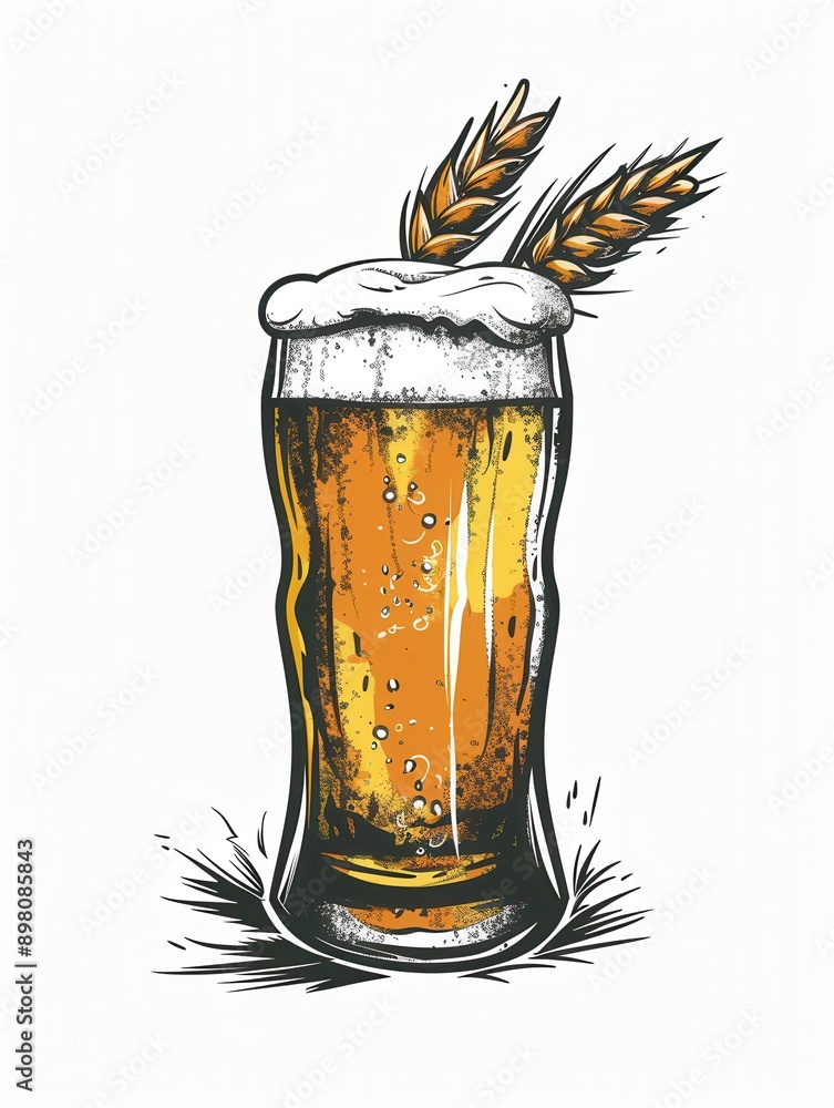 Aufkleber A single beer glass with a white background. The beer is light in color with a head of foam and wheat stalks. Generative AI
