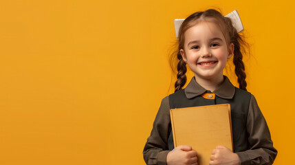 Obraz premium Young Girl in School Uniform Holding a Book and Smiling, Set Against a Yellow Background for Childhood Education and Stud