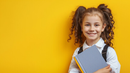 Obraz premium Young Girl in School Uniform Holding a Book and Smiling, Set Against a Yellow Background for Childhood Education and Stud