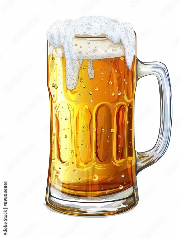 Poster A glass mug with a handle is filled with a light yellow beer topped with a layer of white foam. Generative AI