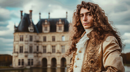 Man with long curly hair dressed like Louis XIV the former French king with 17th century clothing, renaissance castle in background
