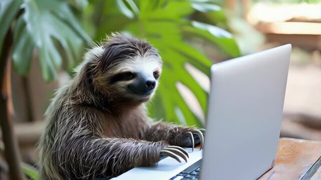 A cute sloth working slowly at the computer, its gentle movements and relaxed demeanor creating an adorable and amusing scene