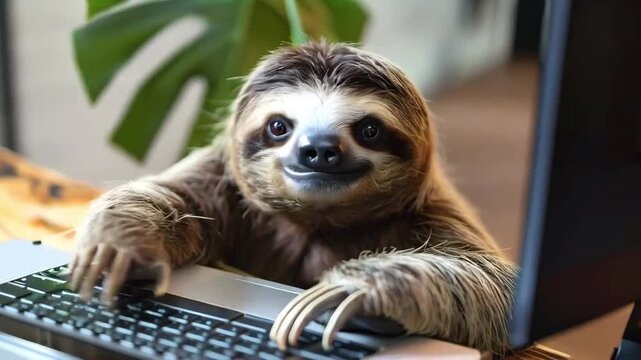 A cute sloth working slowly at the computer, its gentle movements and relaxed demeanor creating an adorable and amusing scene
