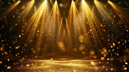 Stage opening golden stage glitter with spotlights and luxury gold light streak. Particle luxury for ceremony background