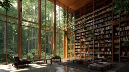 Fototapeta premium contemporary writera??s retreat nestled in the heart of the forest, with floor-to-ceiling bookshelves and large windows that let in natural light
