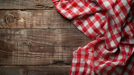 Obraz premium Top view of red checkered tablecloth on blank empty wooden table background, food concept