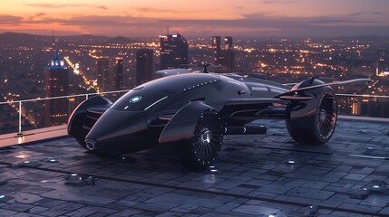 Futuristic Black Concept Car on Rooftop with City Skyline at Dusk
