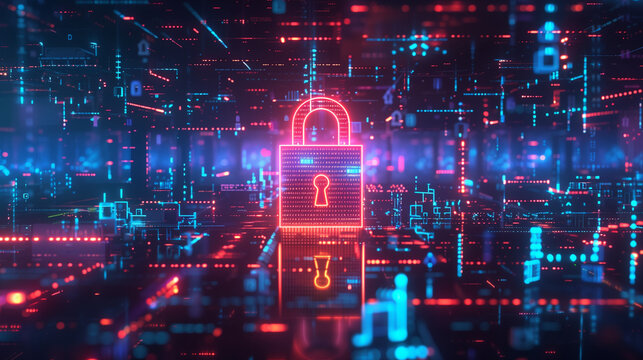 Cybersecurity concept represented by a singular secure digital lock in a vast network space embodying protection