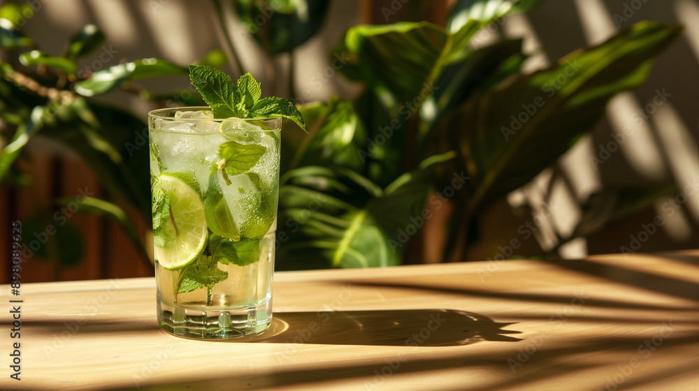 Poster cocktail with fresh lime and mint on light and shadow in bar