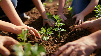 Close up of volunteers hands planting young trees in soil, community Earth Day event in action
