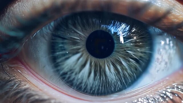 Macro close up of a human blue eye looking around.