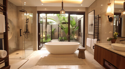 Fototapeta premium A luxurious bathroom with a freestanding bathtub, walk-in shower and elegant fixtures