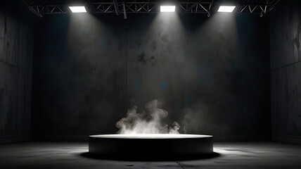 Dramatic Podium Center: The podium is the focal point on a darkened stage, highlighted by an intense spotlight, deep contrasts in the surrounding shadows, and light mist swirling around the base