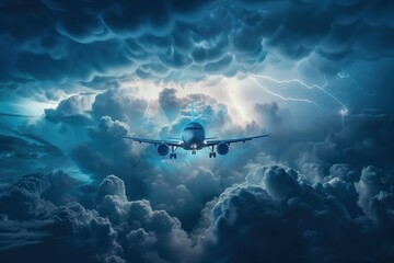 A commercial airplane flying over a dramatic stormy sky with lightning in the distance and rain clouds below