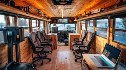 converted old school bus outfitted as a mobile office, with vintage seats, wooden paneling, and all essential tech gear