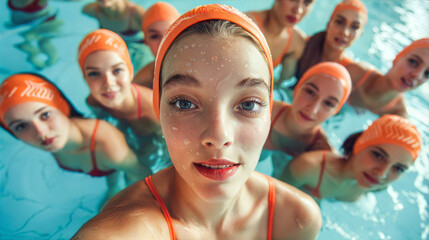 A group of young women in orange swim caps practice synchronized swimming in a pool