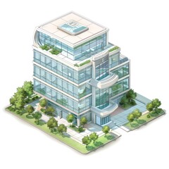 Futuristic Isometric View of Ultra-Detailed Modern Office Building on White Background - Vector Illustration, Generative Ai