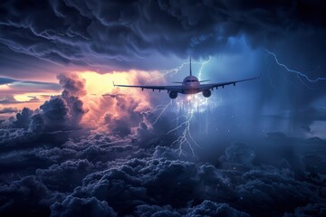 A commercial airplane flying over a dramatic stormy sky with lightning in the distance and rain clouds below