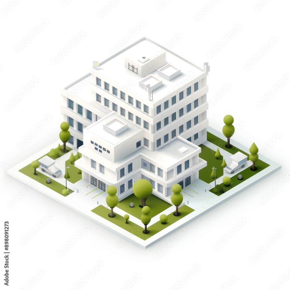 Poster futuristic isometric dormitory building with intricate design on white background in vector illustra