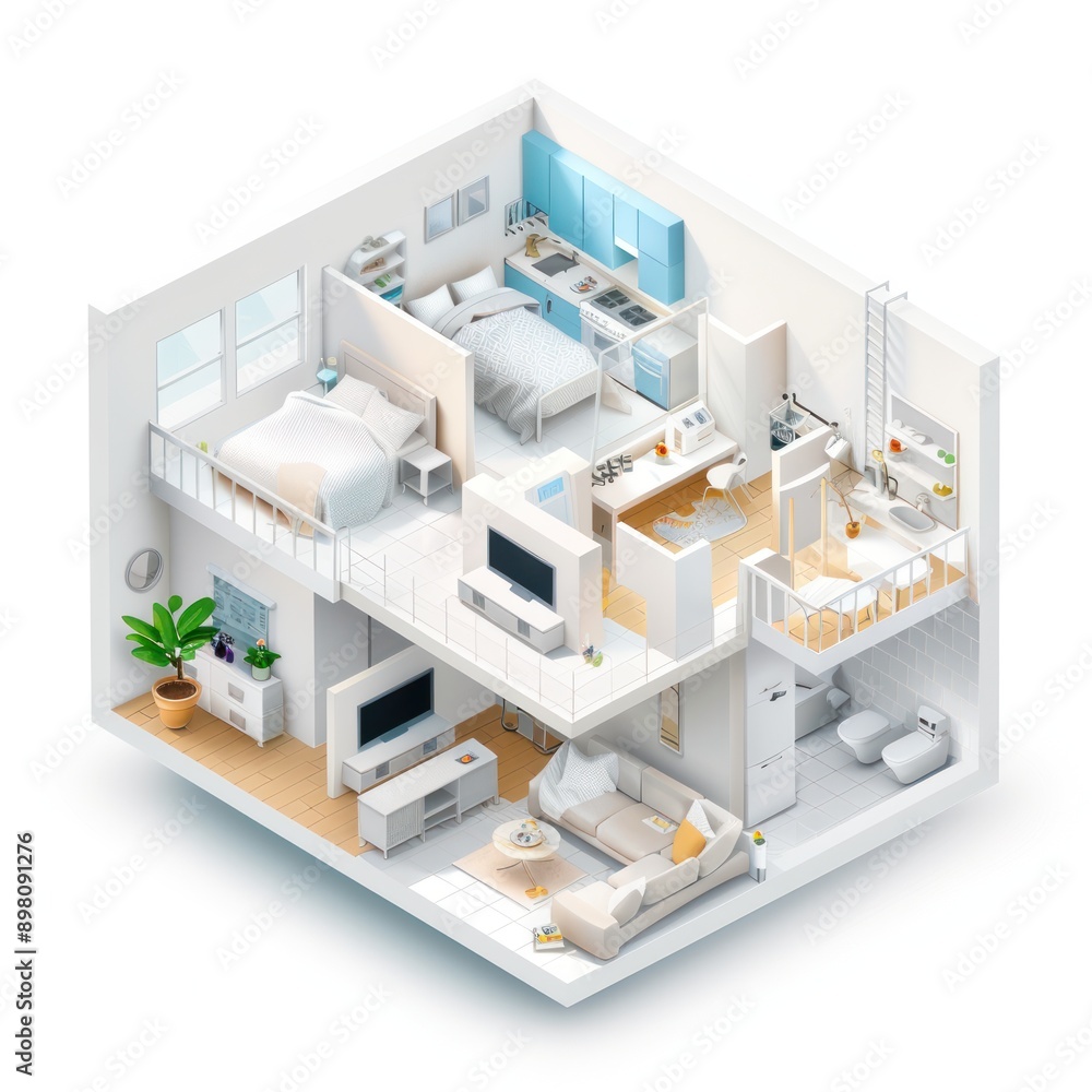 Poster modern isometric dormitory building with intricate design on white background - vector illustration,