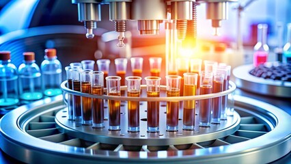 A detailed image of DNA extraction in a laboratory, featuring a centrifuge machine and various test tubes filled with samples, highlighting the scientific process.