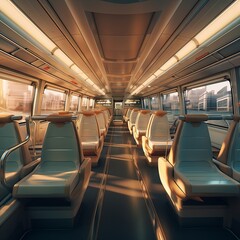 Fototapeta premium Luxuriate in the sophisticated ambiance of the modern train car with plush seating, soft lighting, and panoramic views. Ideal for travelers seeking comfort and elegance on their journey.