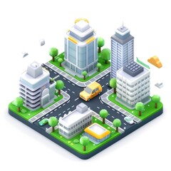 Futuristic Isometric Urban Cityscape with Detailed Roads, Buildings, and Modern Car on White Background - Vector Illustration, Generative Ai