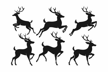 Deer silhouettes set vector illustration, black deer silhouette icon bundle

