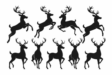 Deer silhouettes set vector illustration, black deer silhouette icon bundle

