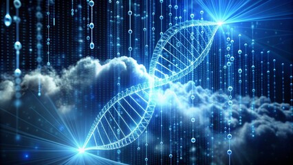 An abstract representation of DNA with a glowing helix pattern emerging from a cloud of binary code, symbolizing the digitalization of genetic information.