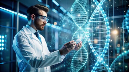 A high-tech laboratory setting with a futuristic touch, showcasing a holographic projection of DNA strands and a scientist analyzing genetic data.