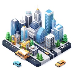 Futuristic Isometric Cityscape with Ultra High Detail, Car, and Road on White Background - Vector Illustration, Generative Ai