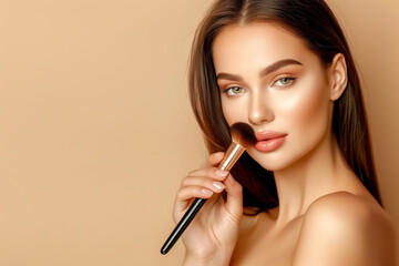 Fototapeta premium Elegant Woman with Flawless Skin applying Makeup using make-up Brush for perfect contour. High quality beauty Cosmetics Stock Photo