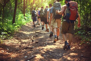 Fototapeta premium Friends enjoying a wonderful time hiking through scenic and picturesque mountain trails
