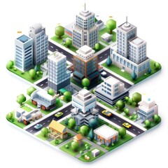 Futuristic Isometric Urban Landscape with Intricate Buildings and Cars on Roads on White Background - Vector Illustration, Generative Ai