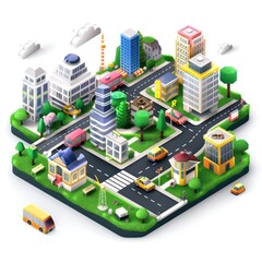 Futuristic Isometric Cityscape with Detailed Structures, Roads, and Cars on White Background - High-Definition Vector Illustration, Generative Ai