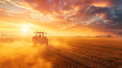 Fototapeta premium A farmer drives a tractor across a field as the sun sets.