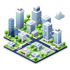 Obraz premium Futuristic Isometric Urban Landscape with High-Rise Buildings and Cars on White Background - Vector Illustration, Generative Ai