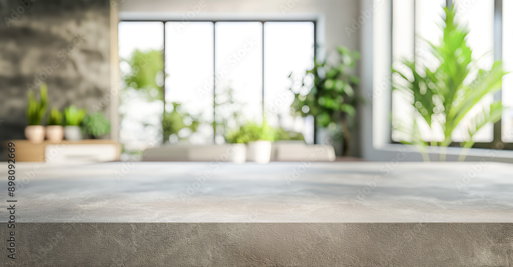Poster empty stone countertop with blurred cozy home background with green plants, empty copy space and pro