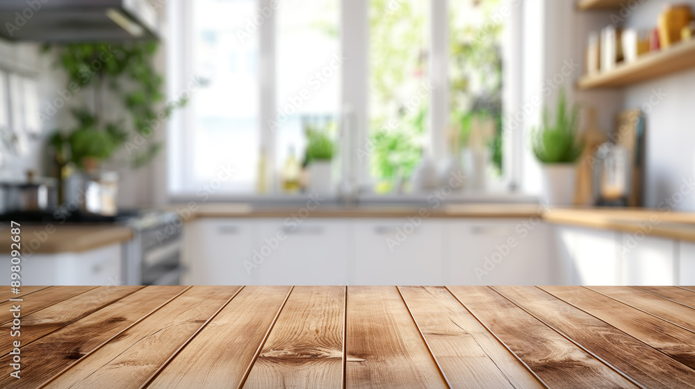 Poster empty wooden countertop with blurred cozy little kitchen background, empty copy space and product pl