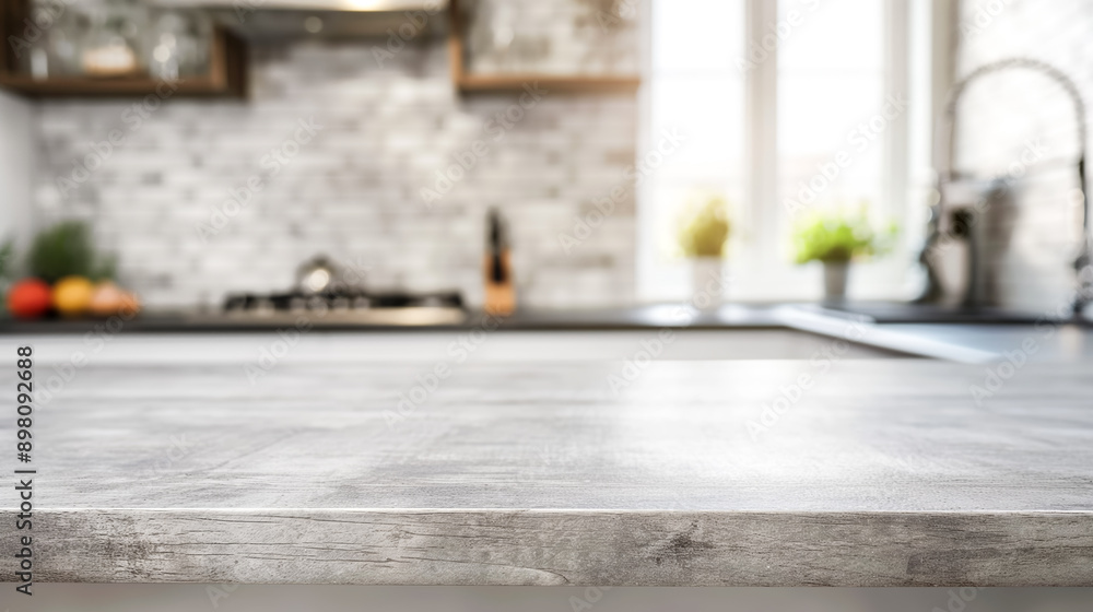 Poster empty wooden countertop with blurred cozy kitchen background, empty copy space and product placement