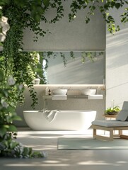 Fototapeta premium Luxurious bathroom with white tub, greenery growing over a wall and ceiling. Modern design with vines hanging from the ceiling.